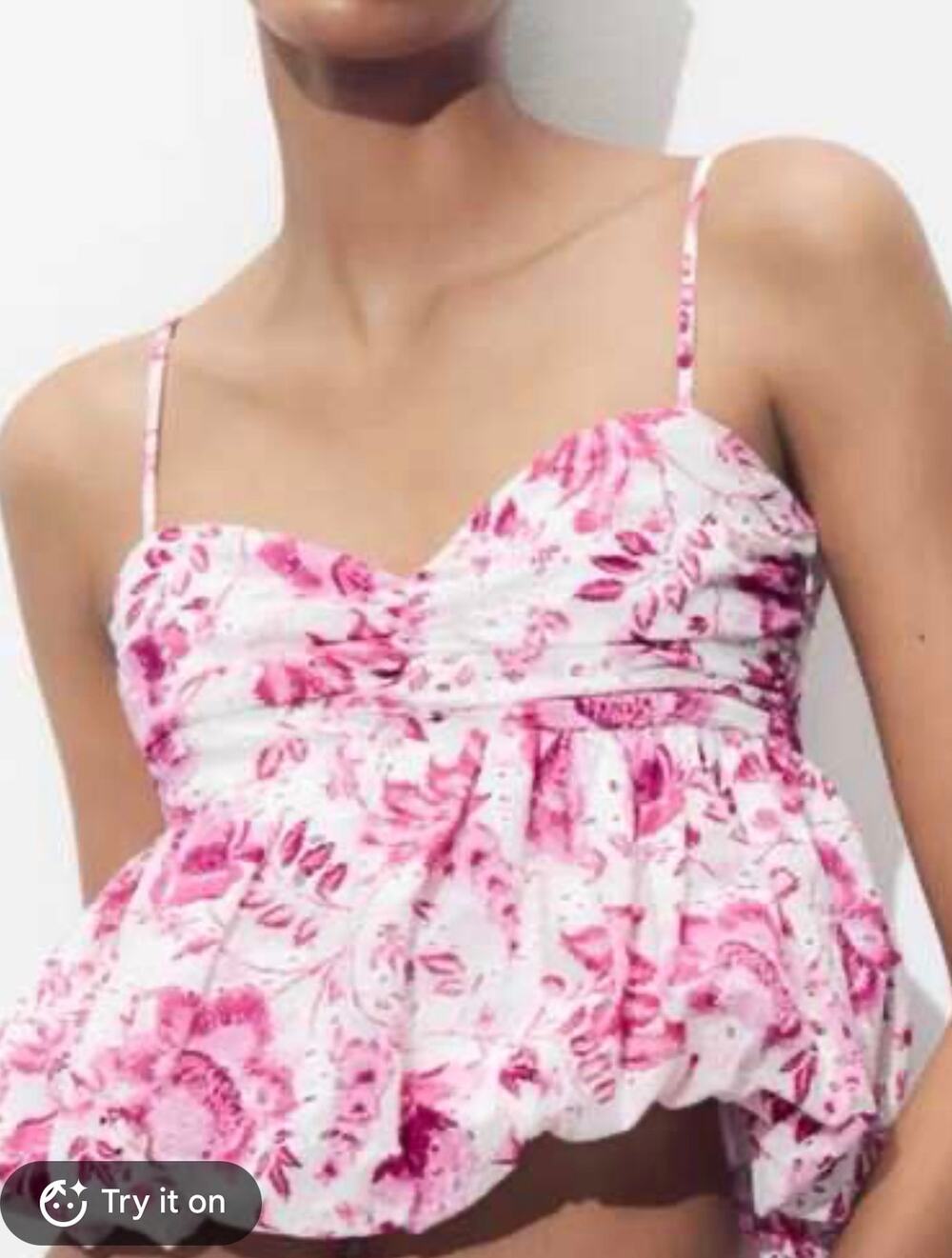 Zara Pink White Floral Eyelet Spaghetti-Strap Peplum Tank Top-Size M